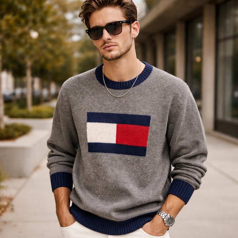Tommy‎ Hilfiger Y2K Big Flag Logo Sweater Luxury Blend Varsity Mens Large